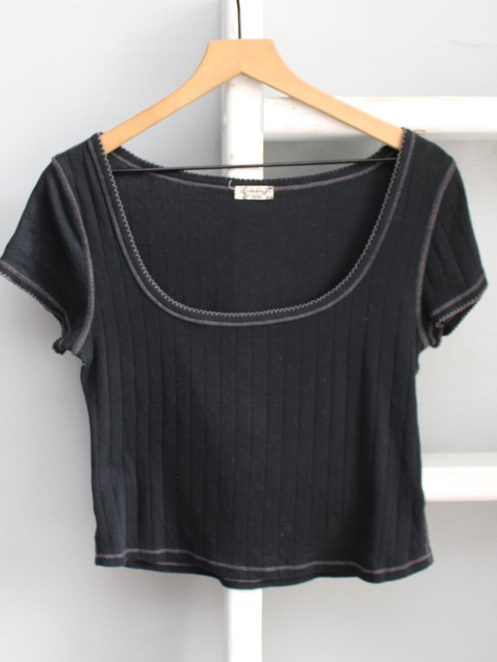 Free People End Game Pointelle Cropped Baby Tee Black Ribbed Size Medium